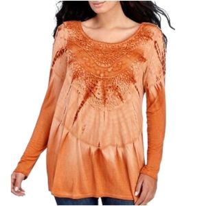 Melissa Paige Plus Orange Cypress Leaf Tie Dye Crochet Yoke Top 1X